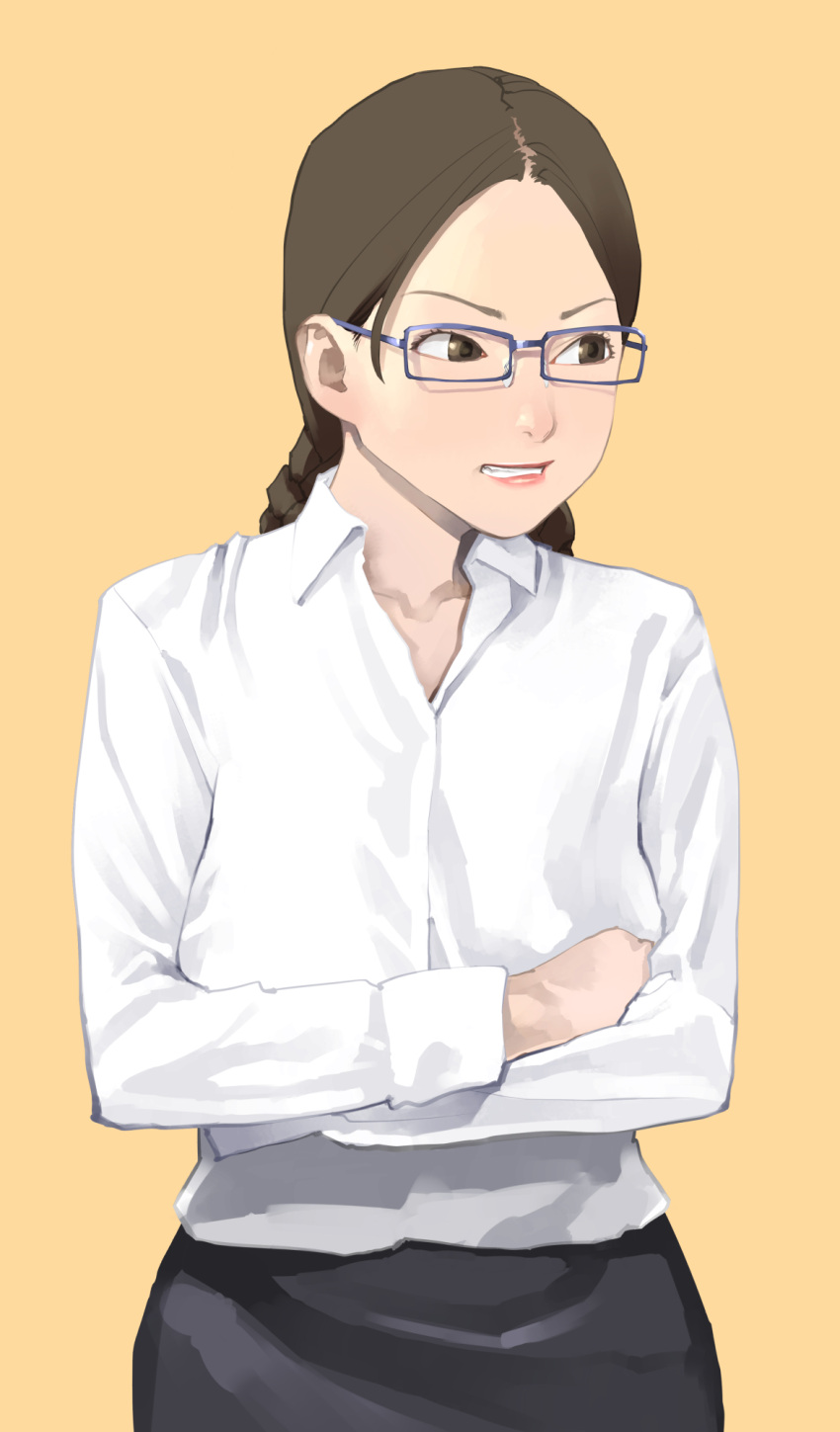 1girl, black_skirt, blue-framed_eyewear, braid, brown_eyes, brown_hair, clenched_teeth, collared_shirt