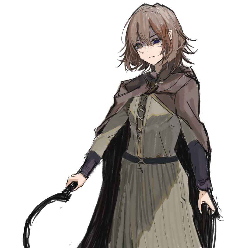 1girl, absurdres, bangs, bei_chelun_de_daquan_yangcong_anakin, black_cloak, brown_hair, cloak, closed_mouth, dress, elden_ring, eyebrows_visible_through_hair, facial_tattoo, highres, hood, hooded_cloak, long_sleeves, looking_at_viewer, medium_hair, melina_(elden_ring), one-eyed, one_eye_closed, parted_lips, scar, scar_across_eye, short_hair, solo, tattoo, weapon