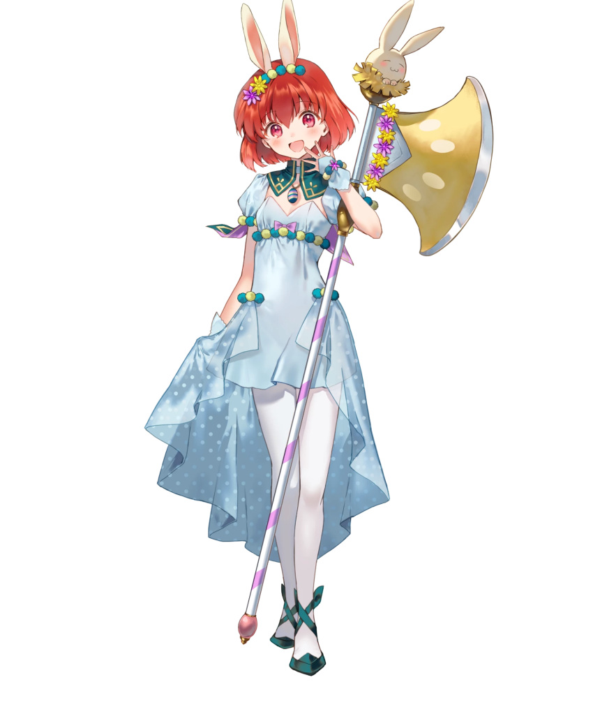 1girl, :d, animal_ears, axe, bangs, blue_dress, blue_footwear, blush
