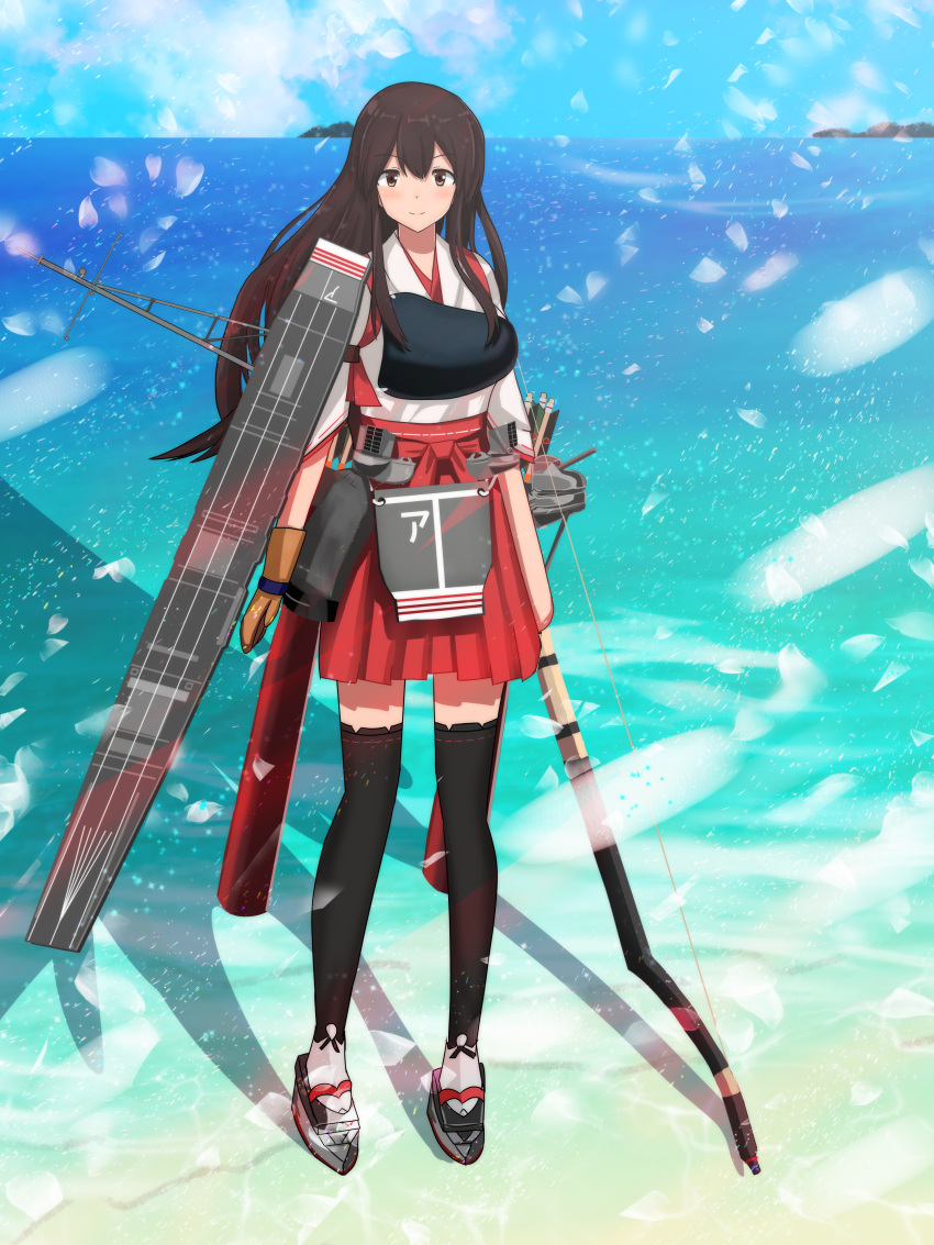 1girl, absurdres, akagi_(kancolle), akagi_kai_ni_(kancolle), arrow_(projectile), bow_(weapon), brown_eyes, brown_hair
