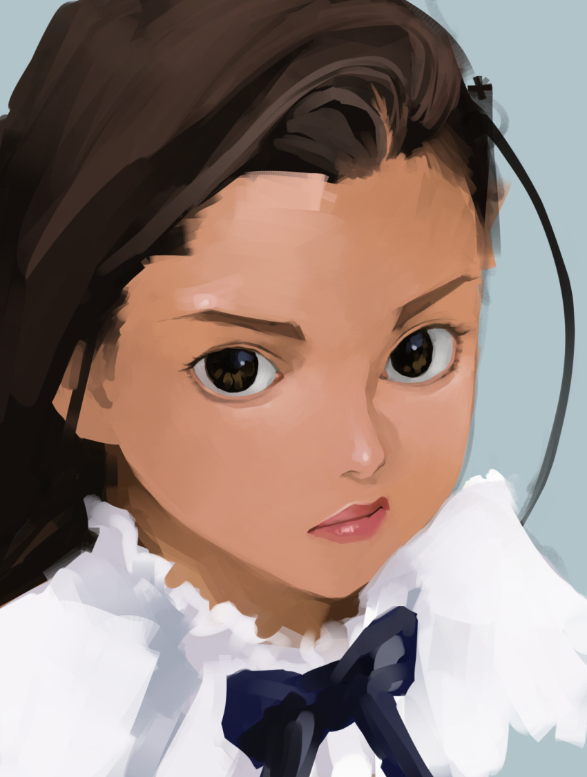 1girl, blue_background, blue_bow, blue_bowtie, bow, bowtie, brown_eyes, brown_hair