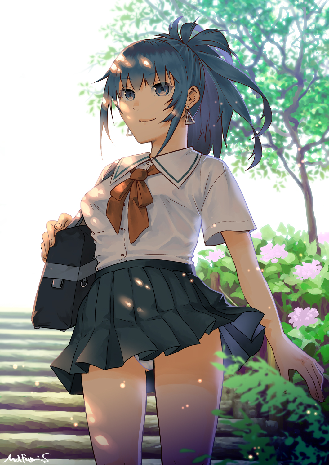 1girl, alternate_costume, blue_eyes, blue_hair, briefcase, earrings, flower, highres, jewelry, leona_heidern, neckerchief, panties, pantyshot, pleated_skirt, sailor_collar, sakura_mafumi, school_uniform, skirt, solo, stairs, the_king_of_fighters, tree, tree_shade, triangle_earrings, underwear, uniform