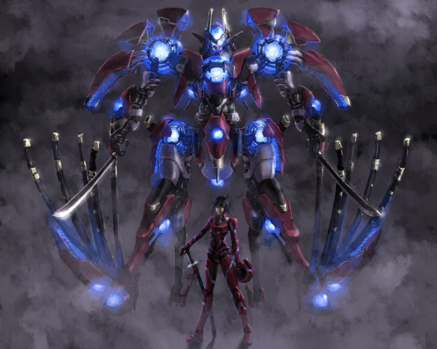 black_hair, brown_eyes, formal, glowing, helmet, mecha, pilot_suit, scabbard, sheath, suit, sword, weapon, yutori_(clockwork_chicken)