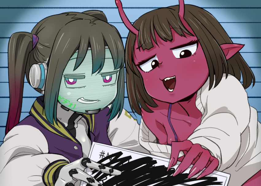 2girls, 4shi, android, antenna_hair, bangs, black_eyes, blue_hair, blunt_bangs