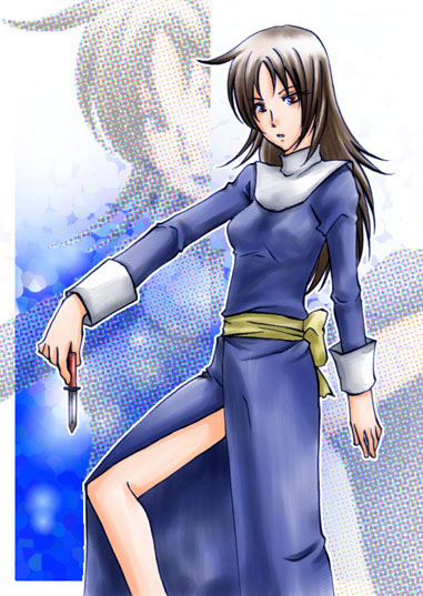 brown_eyes, brown_hair, dagger, dress, female, long_hair, miyaky, sarah_(suikoden_i)