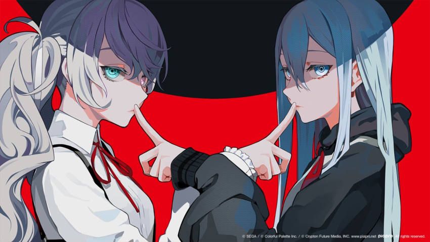 25-ji_miku, 2girls, bangs, black_sweater, blue_eyes, blue_hair, commentary_request, company_name
