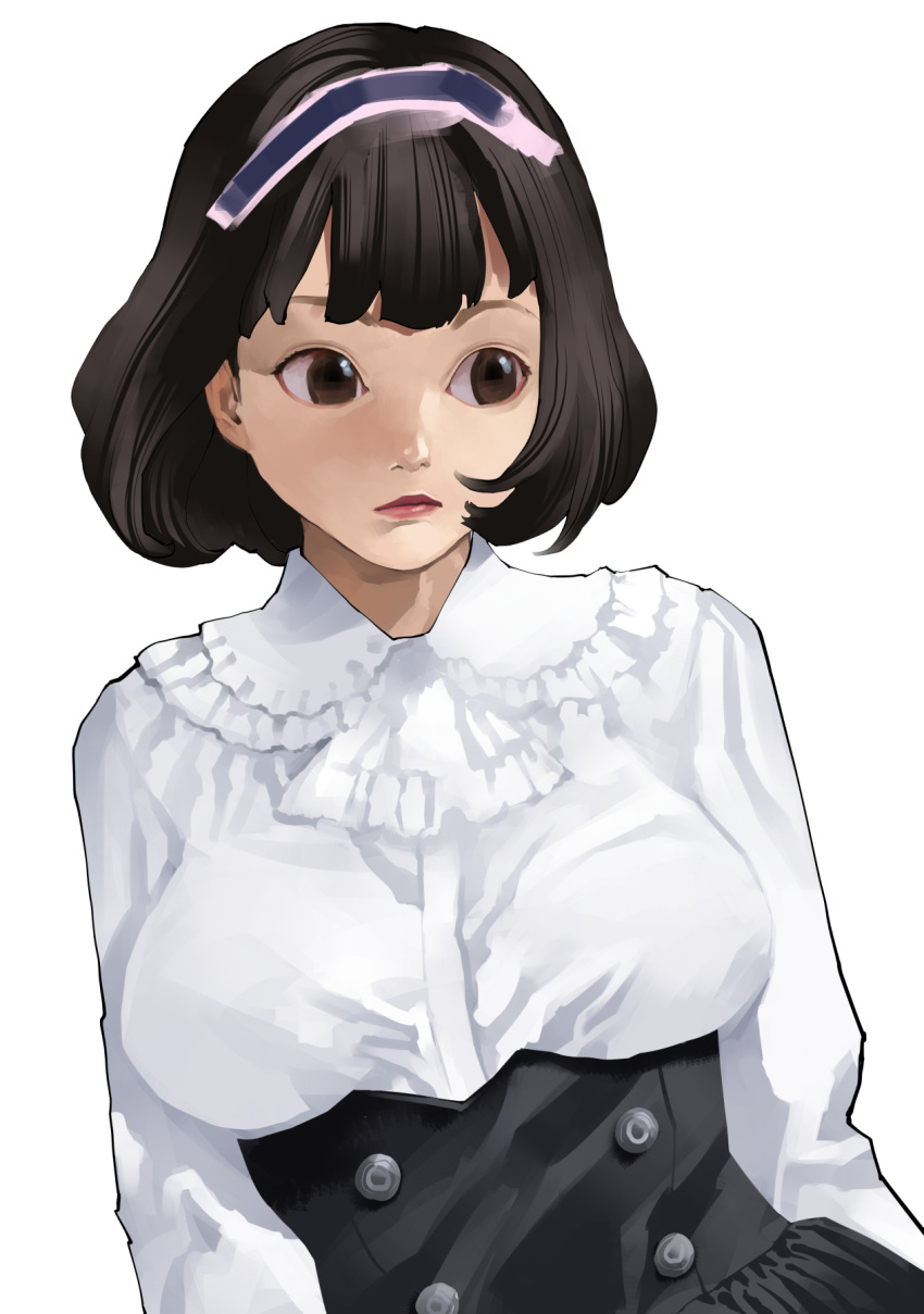 1girl, bangs, black_hair, black_skirt, blouse, breasts, brown_eyes, closed_mouth