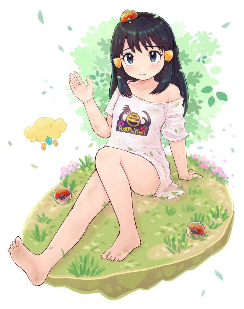 1girl, akari_(pokemon), arm_support, bangs, barefoot, black_hair, blush, closed_mouth, collarbone, commentary_request, dirty, dirty_feet, eyelashes, grass, grey_eyes, hand_up, highres, kutabireta_neko, long_hair, poke_ball, poke_ball_(legends), pokemon, pokemon_(creature), pokemon_(game), pokemon_legends:_arceus, print_shirt, rowlet, shirt, short_sleeves, sidelocks, sitting, soles, t-shirt, tearing_up, toes, white_shirt
