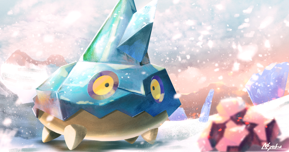 bergmite, blurry, closed_mouth, commentary_request, day, looking_down, nkyoku, no_humans