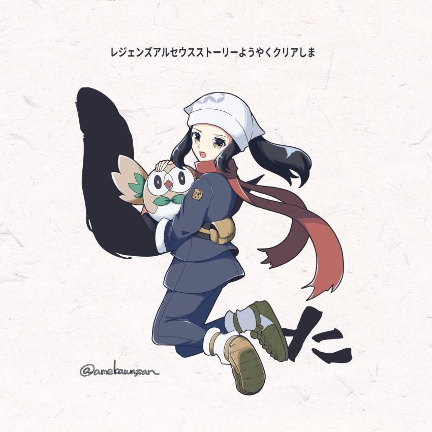 1girl, :d, akari_(pokemon), amekawaao, black_hair, black_shirt, brown_footwear, commentary_request, grey_jacket, grey_legwear, grey_skirt, head_scarf, highres, holding, holding_pokemon, jacket, logo, loose_socks, open_mouth, pantyhose, pokemon, pokemon_(creature), pokemon_(game), pokemon_legends:_arceus, ponytail, rowlet, shirt, shoes, sidelocks, skirt, smile, tongue, translation_request, white_headwear, white_legwear