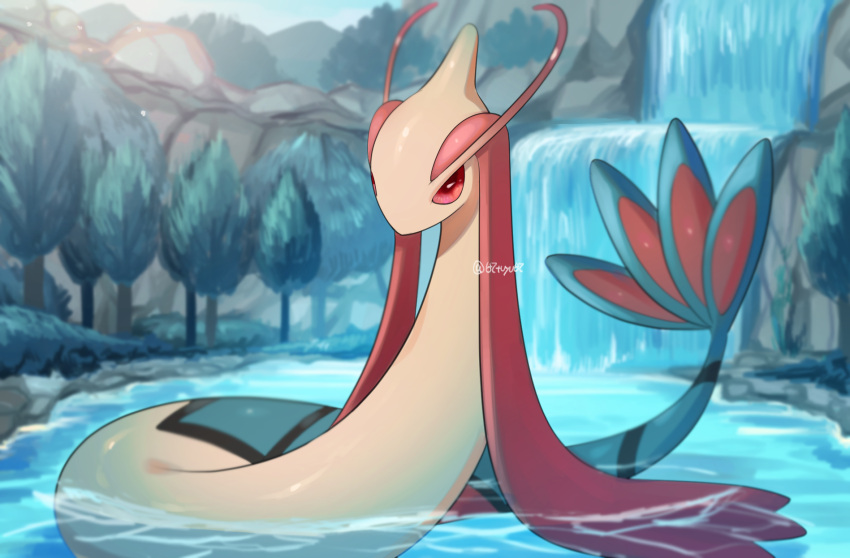 blurry, commentary_request, day, highres, milotic, no_humans, outdoors, pokemon, pokemon_(creature), red_eyes, shiny, shiny_skin, solo, tree, water, waterfall, watermark, yukifuri_tsuyu
