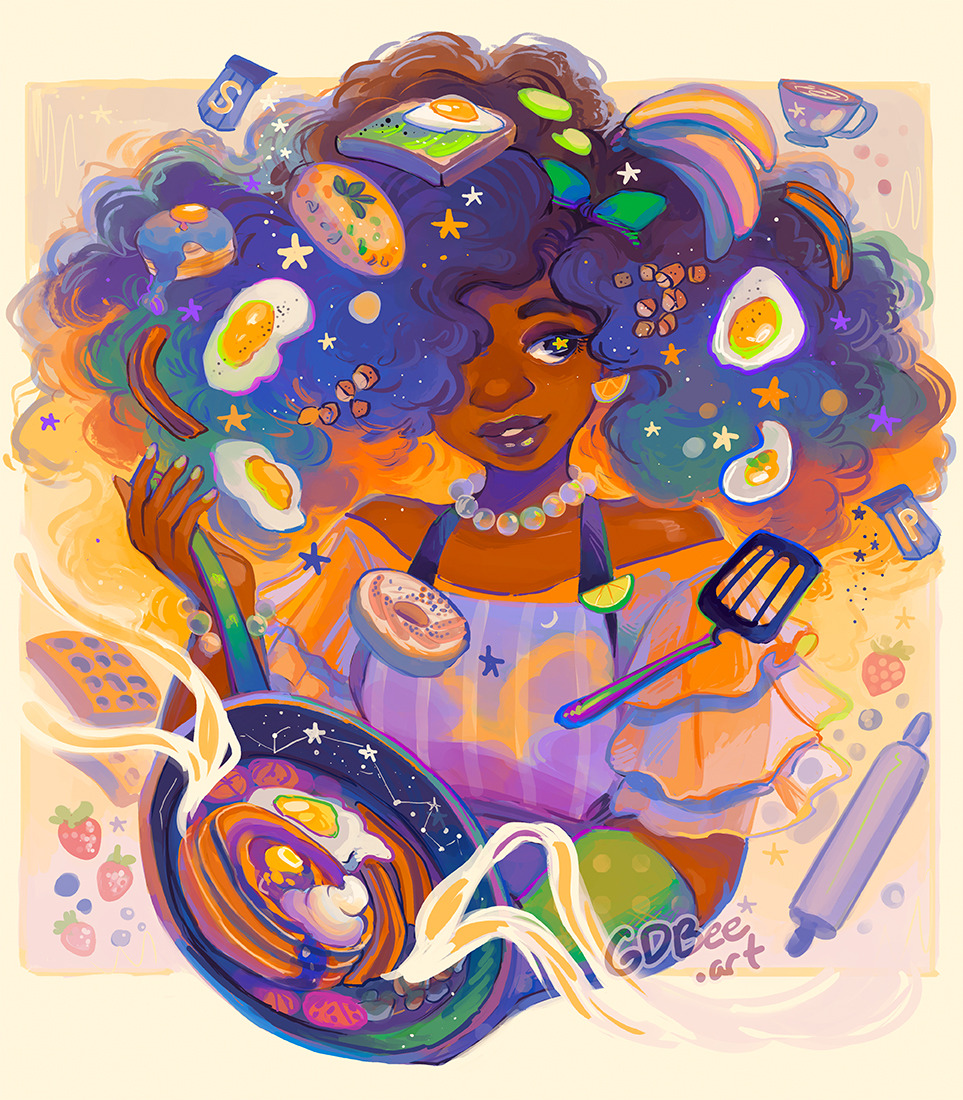 1girl, artist_name, bacon, bagel, banana, big_hair, big_nose, blue_eyes, blue_hair, border, bow, bracelet, breasts, bunch_of_bananas, commentary, crouton, cup, curly_hair, dark-skinned_female, dark_skin, earrings, egg_(food), english_commentary, food, food-themed_earrings, food_on_hair, fried_egg, frilled_sleeves, frills, fruit, frying_pan, geneva_bowers, green_bow, green_mittens, green_nails, hair_bow, hair_over_one_eye, holding, holding_frying_pan, jewelry, long_hair, looking_to_the_side, mittens, multicolored_hair, necklace, orange_hair, original, outside_border, oven_mitts, pancake, parted_lips, pearl_necklace, pepper_shaker, purple_hair, purple_lips, rolling_pin, salt_shaker, see-through_sleeves, single_mitten, smile, solo, spatula, star-shaped_pupils, star_(symbol), strawberry, symbol-shaped_pupils, toast, upper_body, very_dark_skin, waffle, watermark