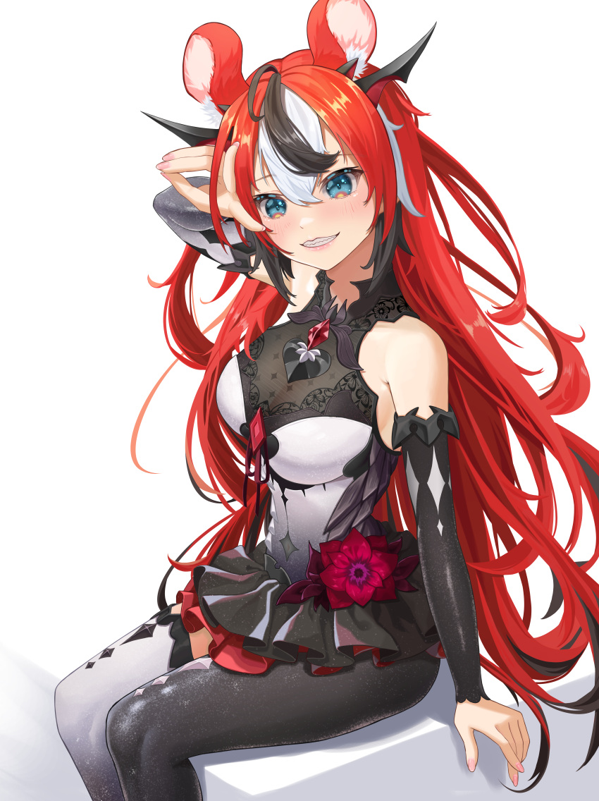 1girl, absurdres, animal_ear_fluff, animal_ears, arm_up, asymmetrical_legwear, bangom_r, bangs, black_hair, black_legwear, blue_nails, blush, cosplay, detached_sleeves, dress, feet_out_of_frame, grin, hair_between_eyes, hakos_baelz, highres, hololive, hololive_english, horns, irys_(hololive), irys_(hololive)_(cosplay), long_hair, long_sleeves, looking_at_viewer, mismatched_legwear, mouse_ears, multicolored_hair, nail_polish, redhead, single_leg_pantyhose, single_thighhigh, sitting, smile, solo, streaked_hair, thigh-highs, uneven_legwear, very_long_hair, virtual_youtuber, white_dress, white_hair, white_legwear