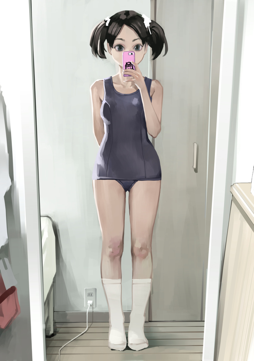 1girl, arm_behind_back, black_hair, blue_eyes, blue_swimsuit, bow, breasts, cellphone