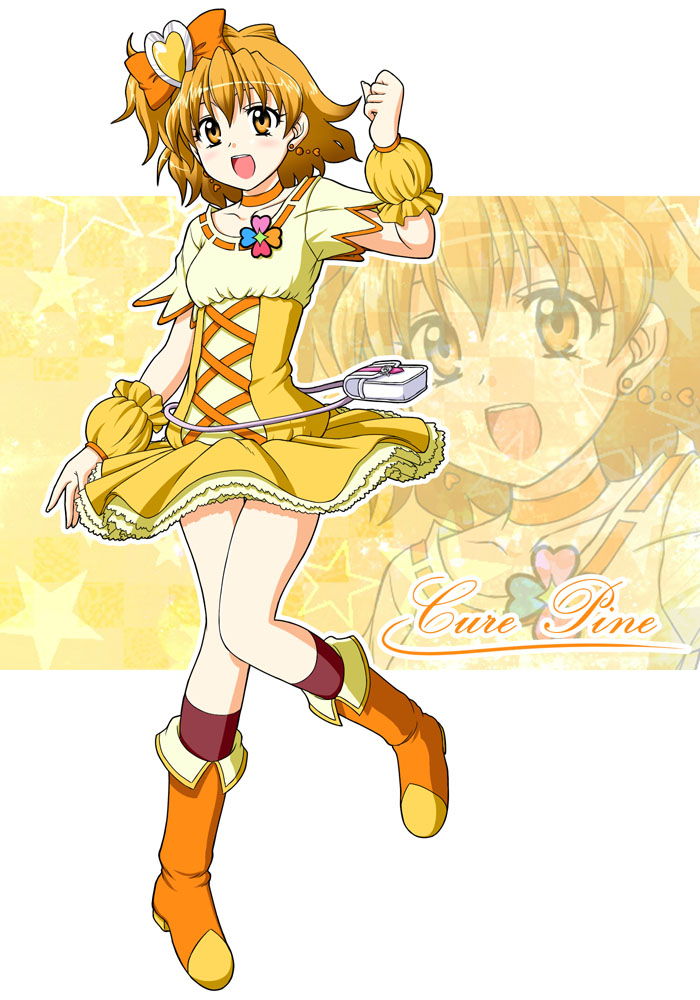 :d, blonde_hair, boots, bow, brown_eyes, brown_hair, character_name, choker, cure_pine, dress, earrings, fresh_precure!, fresh_pretty_cure!, hair_ribbon, happy, heart, jewelry, kashii_yutaka, magical_girl, open_mouth, precure, pretty_cure, ribbon, short_hair, side_ponytail, smile, solo, wrist_cuffs, yamabuki_inori, zoom_layer