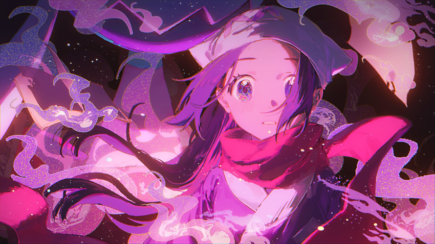 1girl, akari_(pokemon), commentary_request, floating_hair, frown, head_scarf, highres, jacket, long_hair, looking_at_viewer, night, outdoors, parted_lips, pink_scarf, pokemon, pokemon_(game), pokemon_legends:_arceus, purple_hair, purple_jacket, scarf, searmy, sidelocks, solo, upper_body, white_headwear