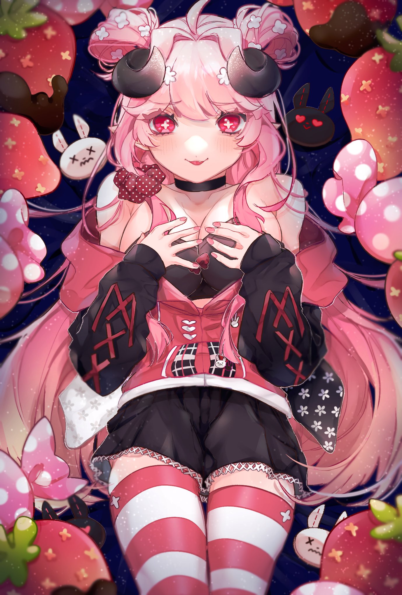 1girl, ahoge, candy, choker, daphne_amour, demon_girl, demon_horns, double_bun