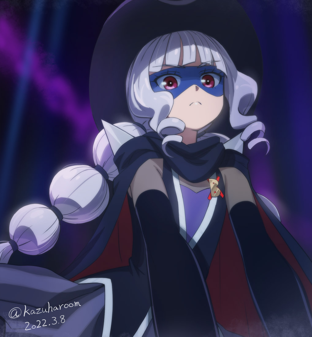 1girl, black_cape, black_gloves, black_headwear, blue_background, braid, cape, closed_mouth, commentary_request, dated, delicious_party_precure, elbow_gloves, gentle_(precure), gloves, haruyama_kazunori, hat, long_hair, looking_at_viewer, mask, precure, red_eyes, solo, twin_braids, twitter_username, white_hair