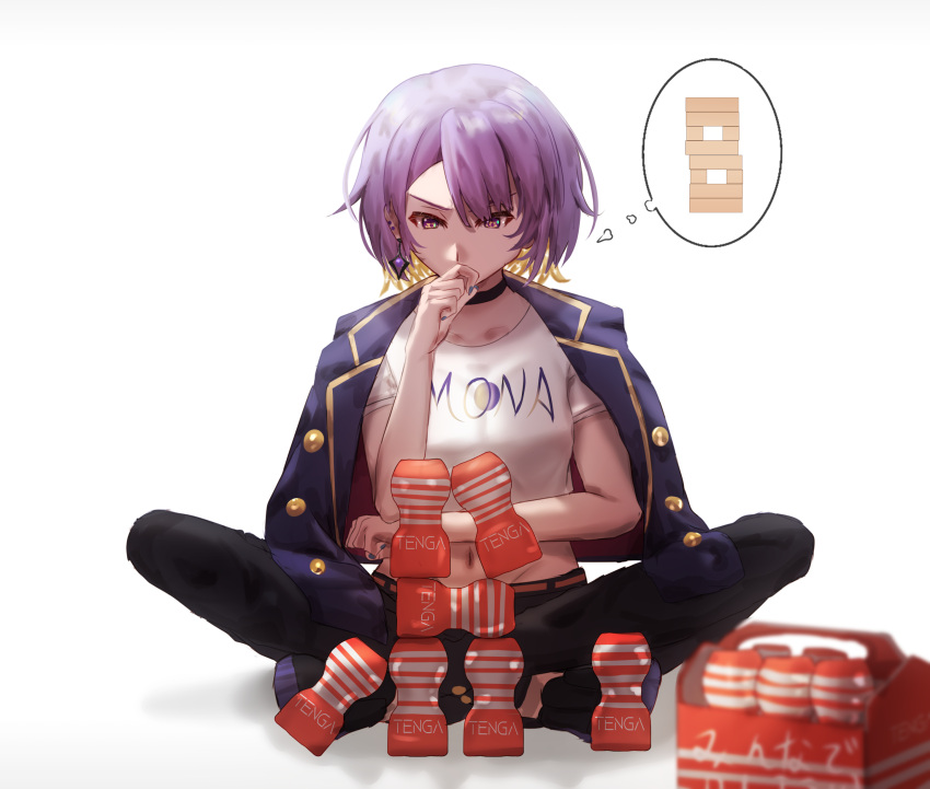1girl, absurdres, earrings, hh_(hehexd06161704), highres, hololive, hololive_indonesia, indian_style, jacket, jacket_on_shoulders, jenga, jewelry, midriff, misunderstanding, moona_hoshinova, navel, pants, purple_hair, purple_nails, short_hair, single_earring, sitting, tenga, thinking, virtual_youtuber