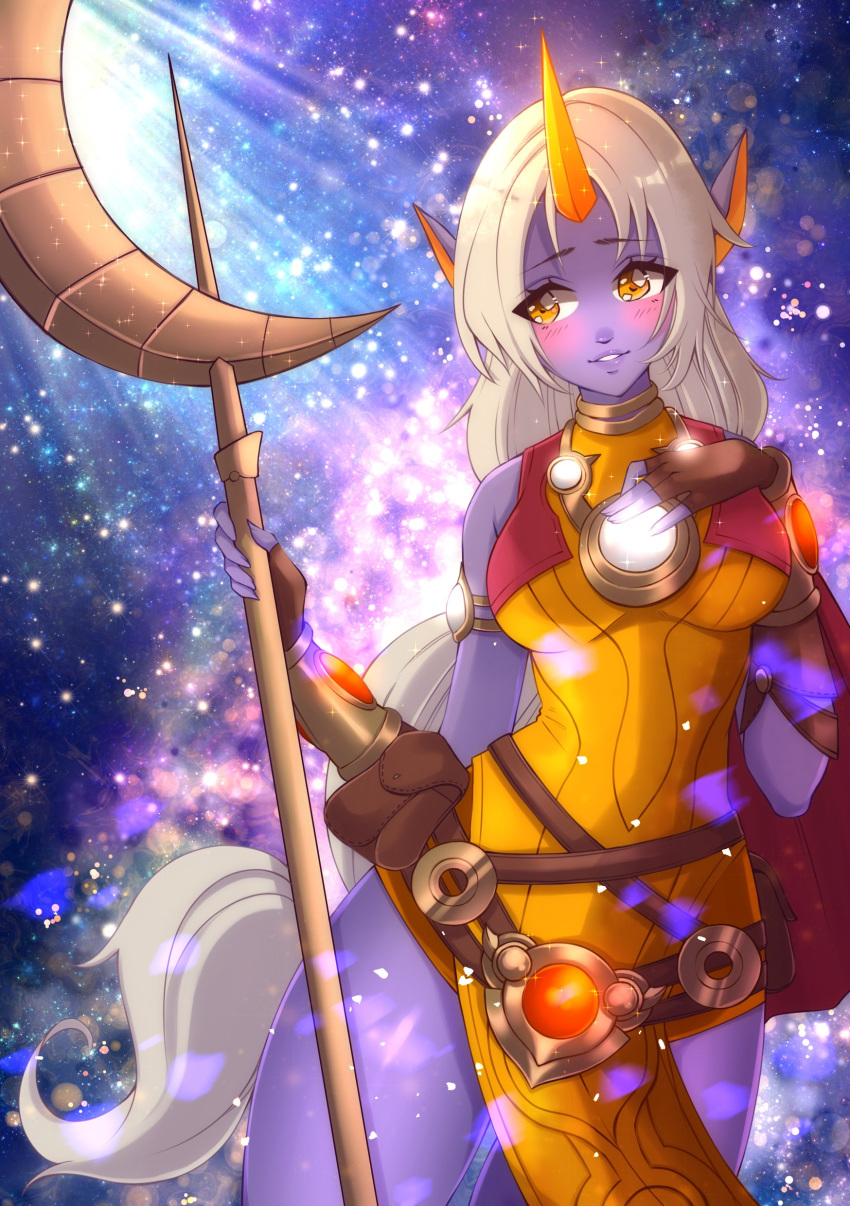 1girl, blush, breasts, celestial_background, celestial_being, female, female_only, gloves, horn, league_of_legends, long_hair, nekoyasha_hime, pointy_ears, ponytail, purple_skirt, solo, soraka, staff, standing, weapon, white_hair, wide_hips, yellow_eyes