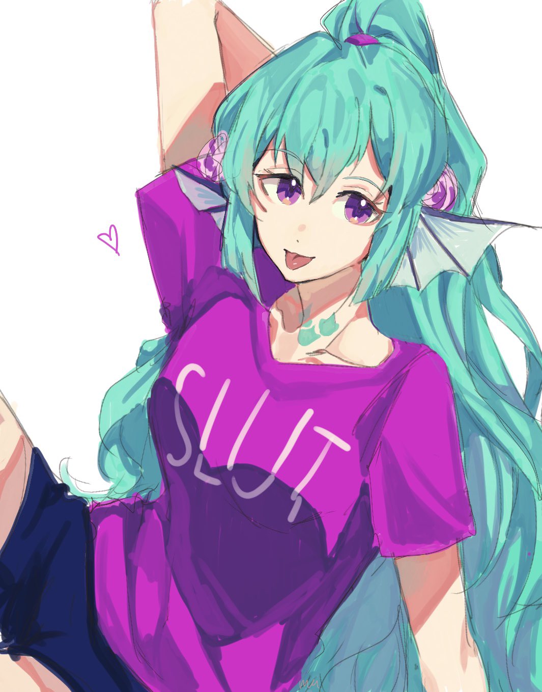 1girl, aqua_hair, arm_up, black_shorts, clothes_writing, collarbone, finana_ryugu, head_fins