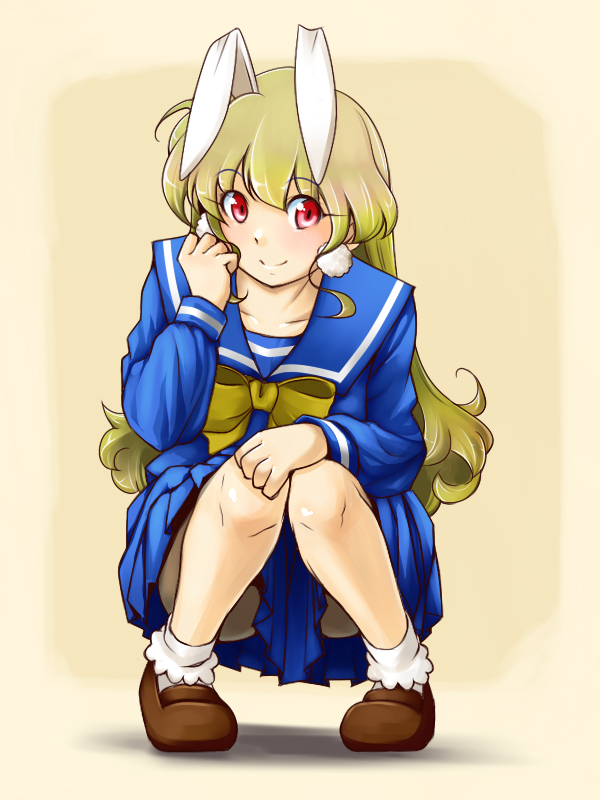 1girl, akane_(parodius), animal_ears, bangs, blonde_hair, blouse, blue_blouse, blue_hair, bow, closed_mouth, collarbone, collared_shirt, cotton_ball, dress, eyebrows_visible_through_hair, eyelashes, eyes_visible_through_hair, giant, giantess, hand_on_own_cheek, hand_on_own_face, knees_together_feet_apart, long_hair, looking_at_viewer, parodius, rabbit_ears, red_eyes, saburouta_(hox-666), sailor_collar, sailor_dress, school_uniform, serafuku, shirt, simple_background, sitting, skirt, sleeve_cuffs, smile, solo, yellow_bow