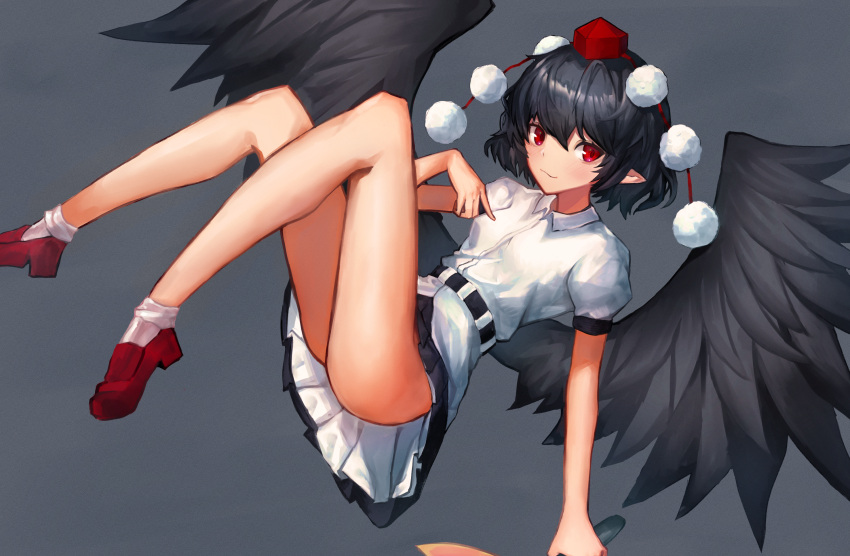 1girl, ass, bangs, bird_wings, black_hair, black_skirt, black_wings, blush