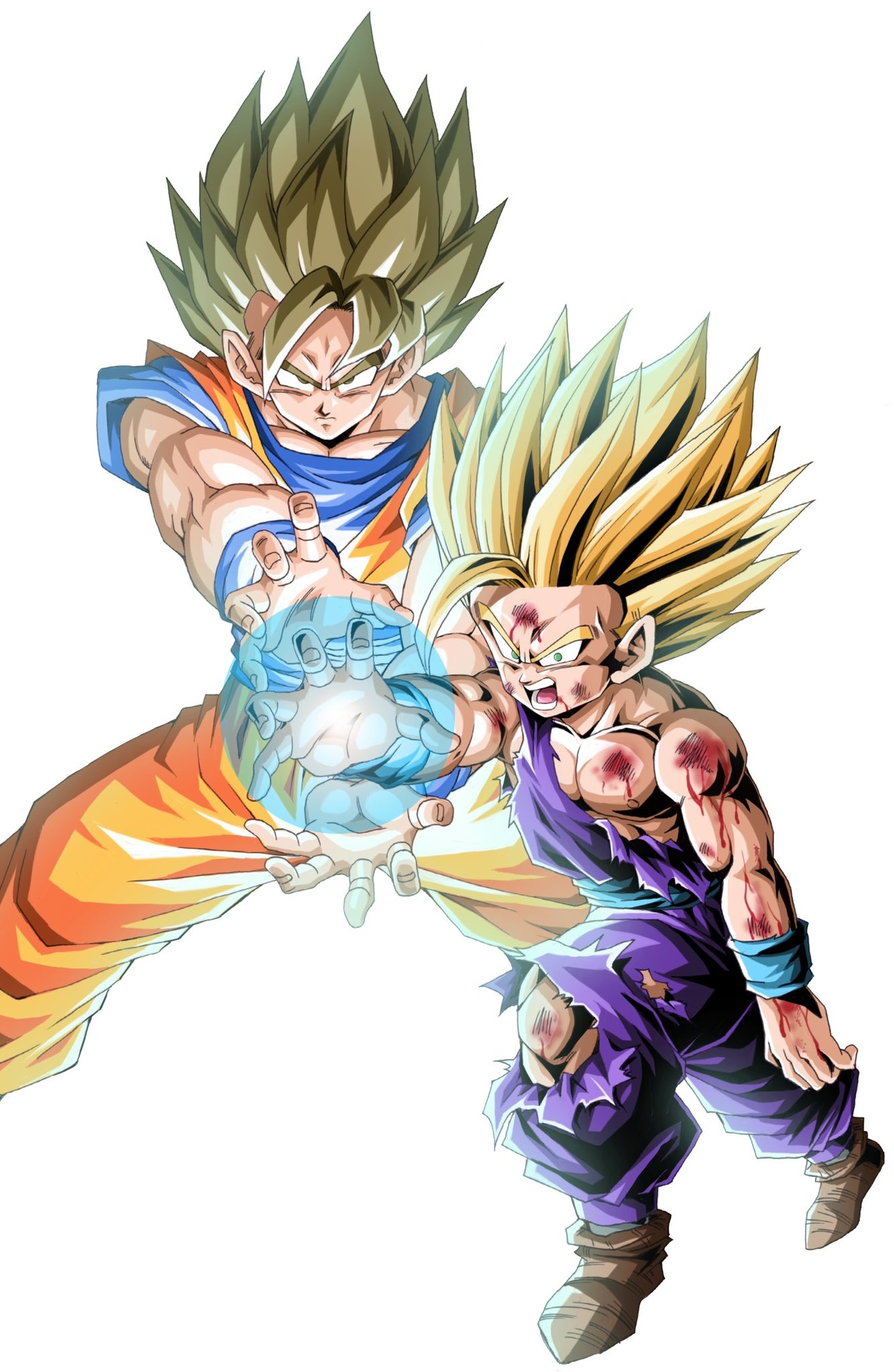 2boys, beaten, blonde_hair, blood, blood_on_clothes, commentary, dougi, dragon_ball