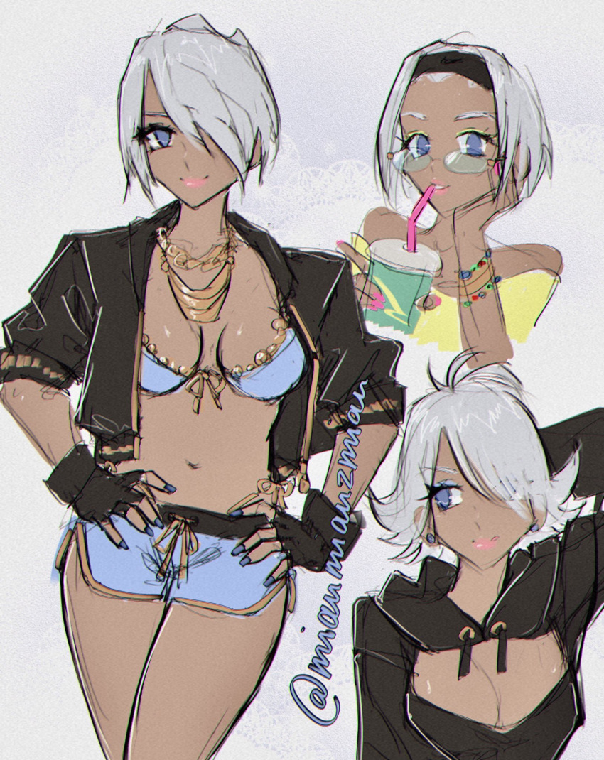 1girl, alternate_costume, alternate_hairstyle, angel_(kof), blue_eyes, bra, breasts, cropped_jacket, dark_skin, fingerless_gloves, glasses, gloves, hair_over_one_eye, highres, jacket, jewelry, large_breasts, leather, leather_jacket, makeup, poririna, snk, strapless, strapless_bra, the_king_of_fighters, the_king_of_fighters_2001, the_king_of_fighters_xiv, underwear, white_hair