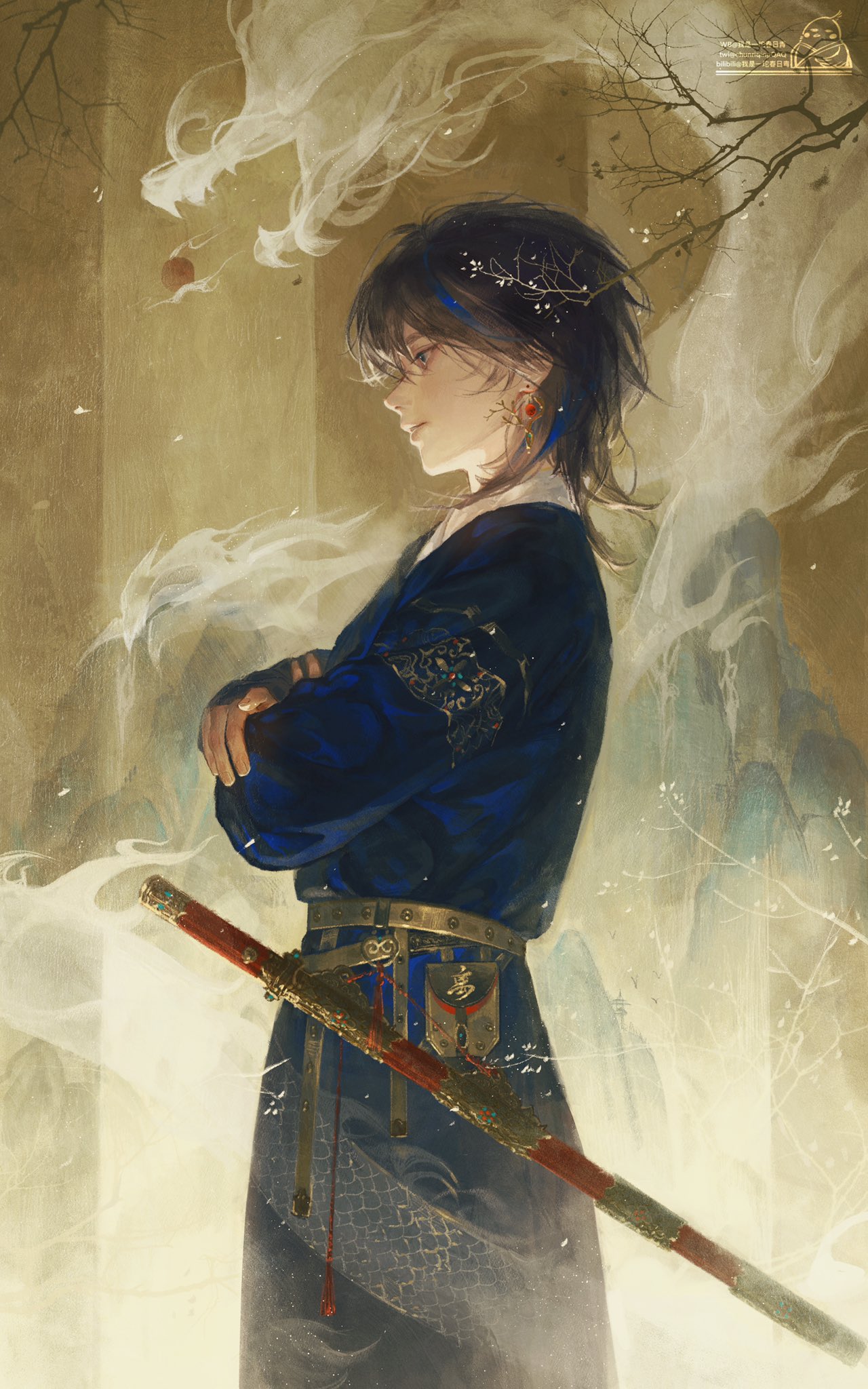 1boy, bangs, belt, belt_pouch, black_hair, blue_eyes, blue_hair, blue_robe