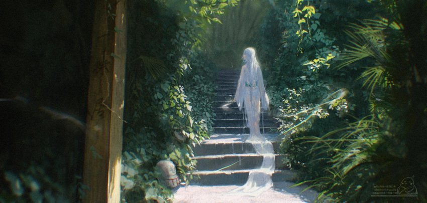 1other, absurdly_long_hair, androgynous, blurry, chunriqingqaq, commentary_request, day, depth_of_field, facing_away, from_behind, highres, long_hair, long_sleeves, motion_blur, nature, on_stairs, original, outdoors, palm_leaf, pillar, plant, robe, sash, silver_hair, sleeves_past_wrists, solo, stairs, statue, very_long_hair, vines, walking, wide_shot, wide_sleeves
