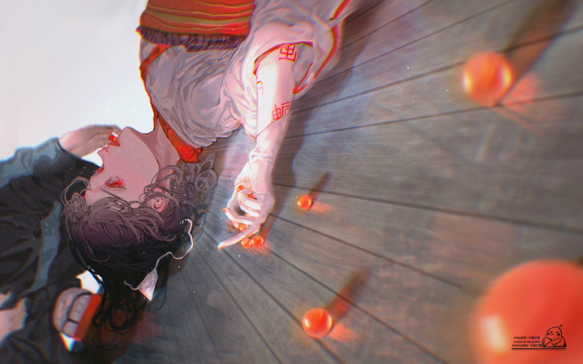 1girl, black_hair, blurry, body_writing, chunriqingqaq, depth_of_field, dutch_angle, empty_eyes