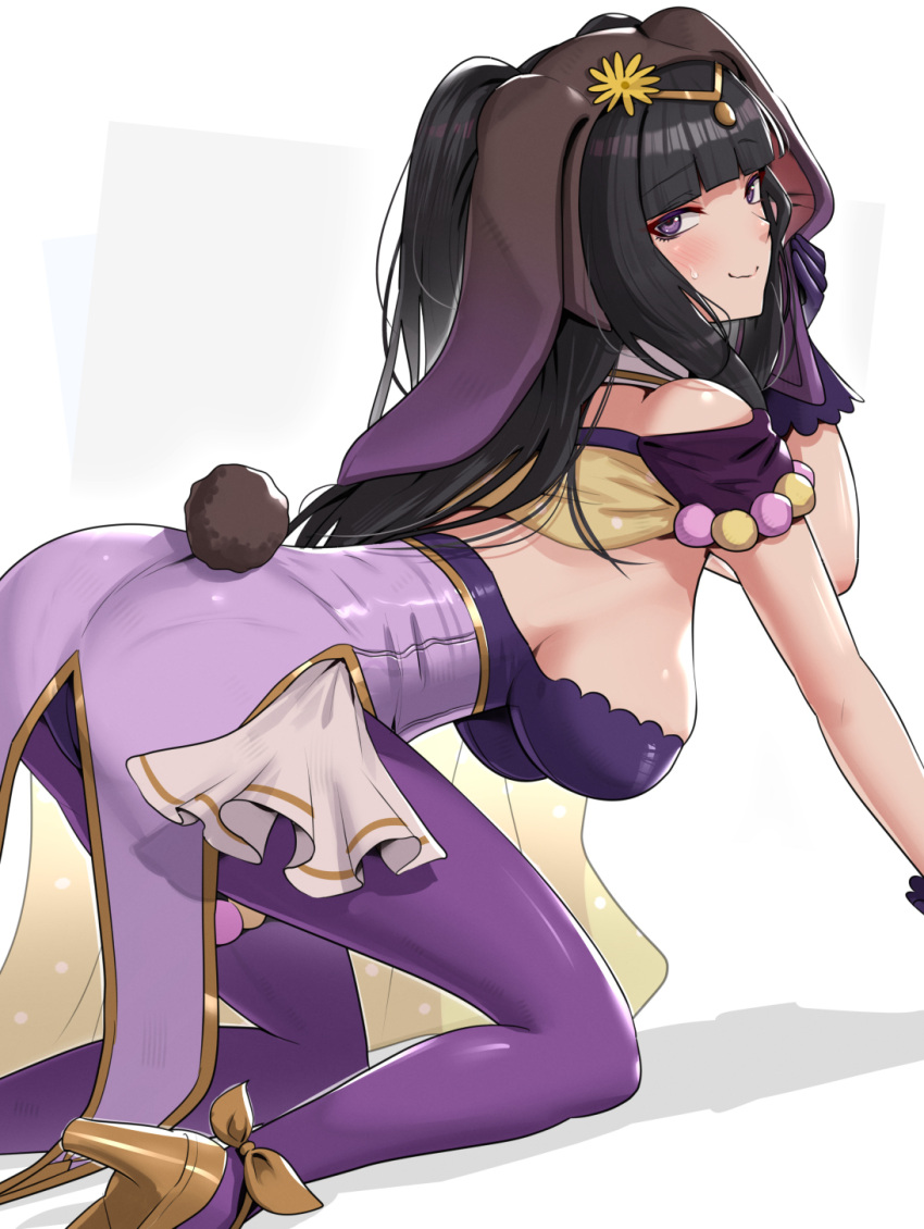 1girl, animal_ears, ass, bare_shoulders, black_hair, blush, breasts, detached_collar