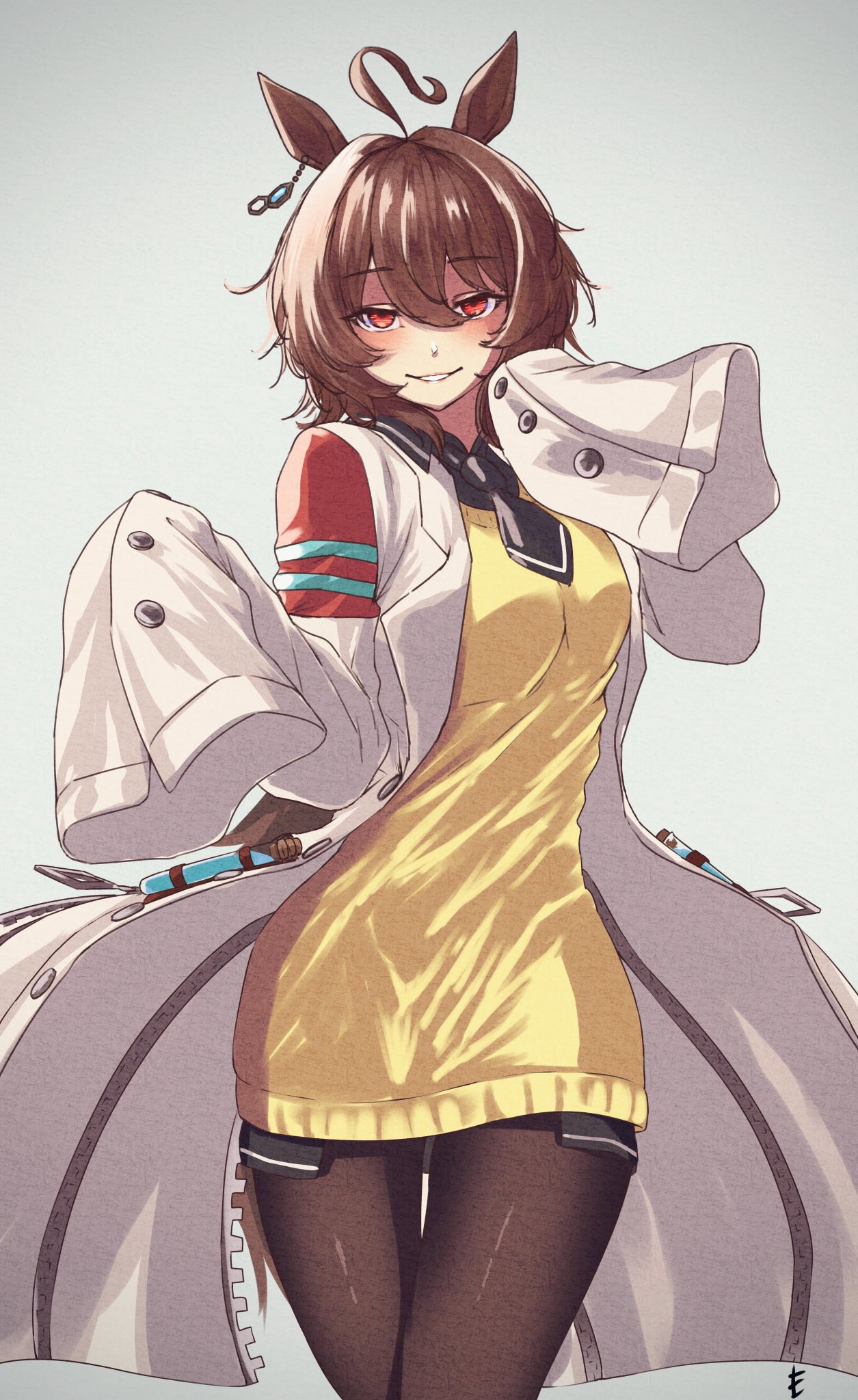 1girl, agnes_tachyon_(umamusume), ahoge, bangs, black_legwear, black_necktie, black_shirt, brown_hair, coat, collared_shirt, commentary, cowboy_shot, dress, end_syuuuu, grin, hair_between_eyes, highres, horse_girl, labcoat, looking_at_viewer, necktie, pantyhose, red_eyes, shirt, short_hair, short_necktie, sidelocks, sleeves_past_wrists, smile, solo, sweater, sweater_dress, umamusume, very_long_sleeves, vial, white_coat, yellow_sweater