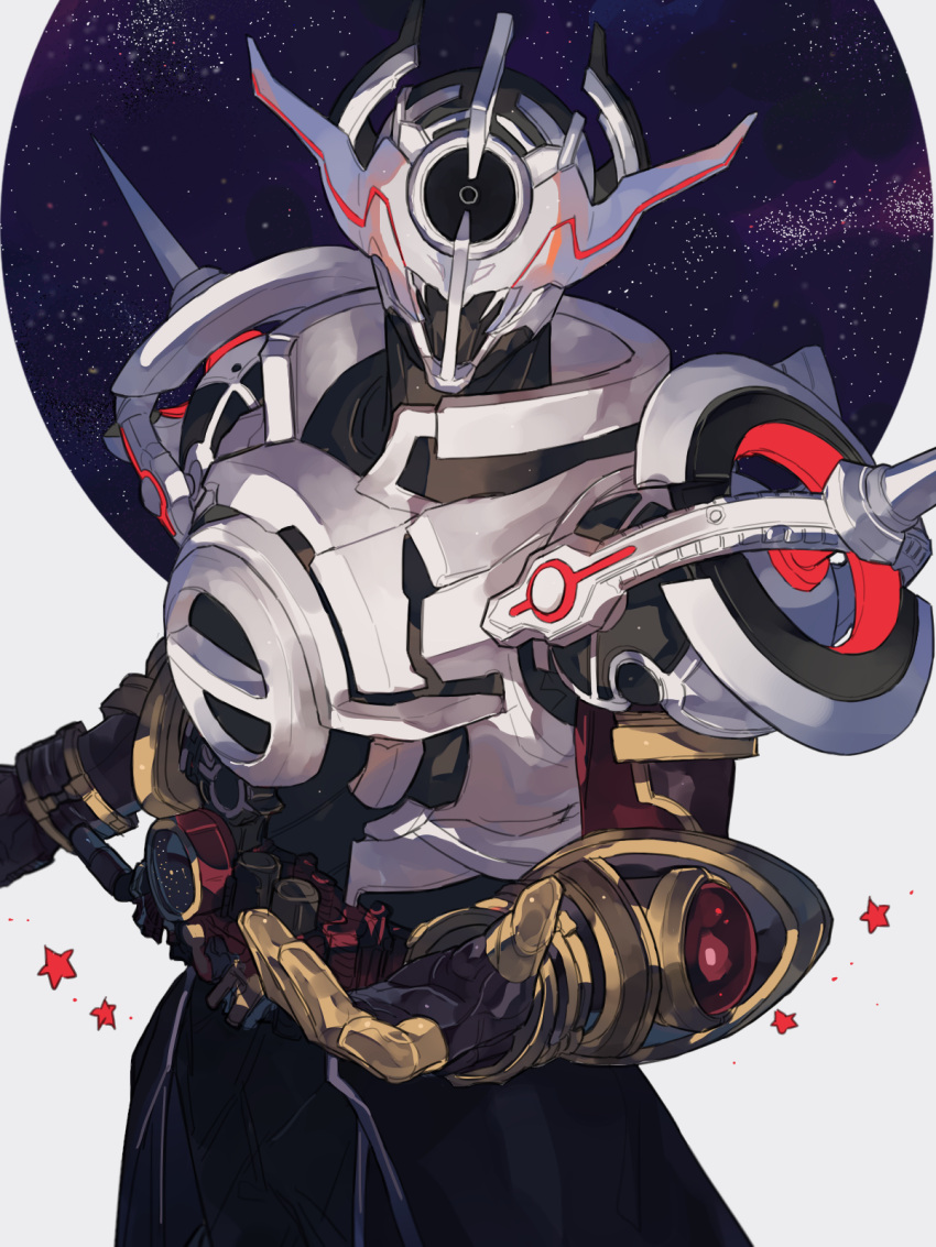 1boy, alien, armor, bbbb_fex, black_gloves, black_hole, commentary, cowboy_shot, crank, evil, evol_blackhole, evol_driver, evol_trigger, evolto, gloves, gold_armor, highres, kamen_rider, kamen_rider_build_(series), kamen_rider_evol, looking_at_viewer, male_focus, open_hand, science_fiction, shoulder_armor, shoulder_spikes, solo, space, spikes, starry_background, tokusatsu, upper_body, villain_pose, white_armor, white_background