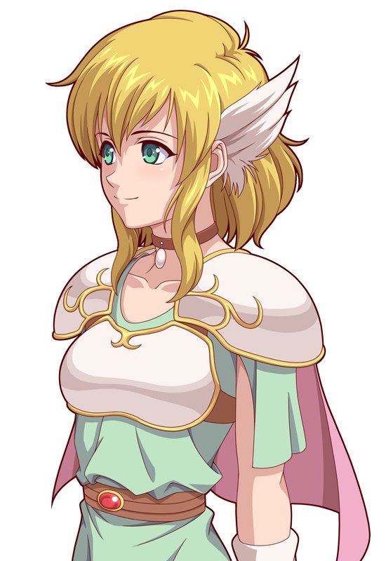 1girl, armor, bangs, belt, blonde_hair, breastplate, brown_belt, brown_choker, cape, choker, commentary, dress, fire_emblem, fire_emblem:_thracia_776, green_dress, green_eyes, hair_between_eyes, hair_ornament, ibushi_(oath), nanna_(fire_emblem), pauldrons, pink_cape, short_hair, short_sleeves, shoulder_armor, simple_background, smile, solo, upper_body, white_background