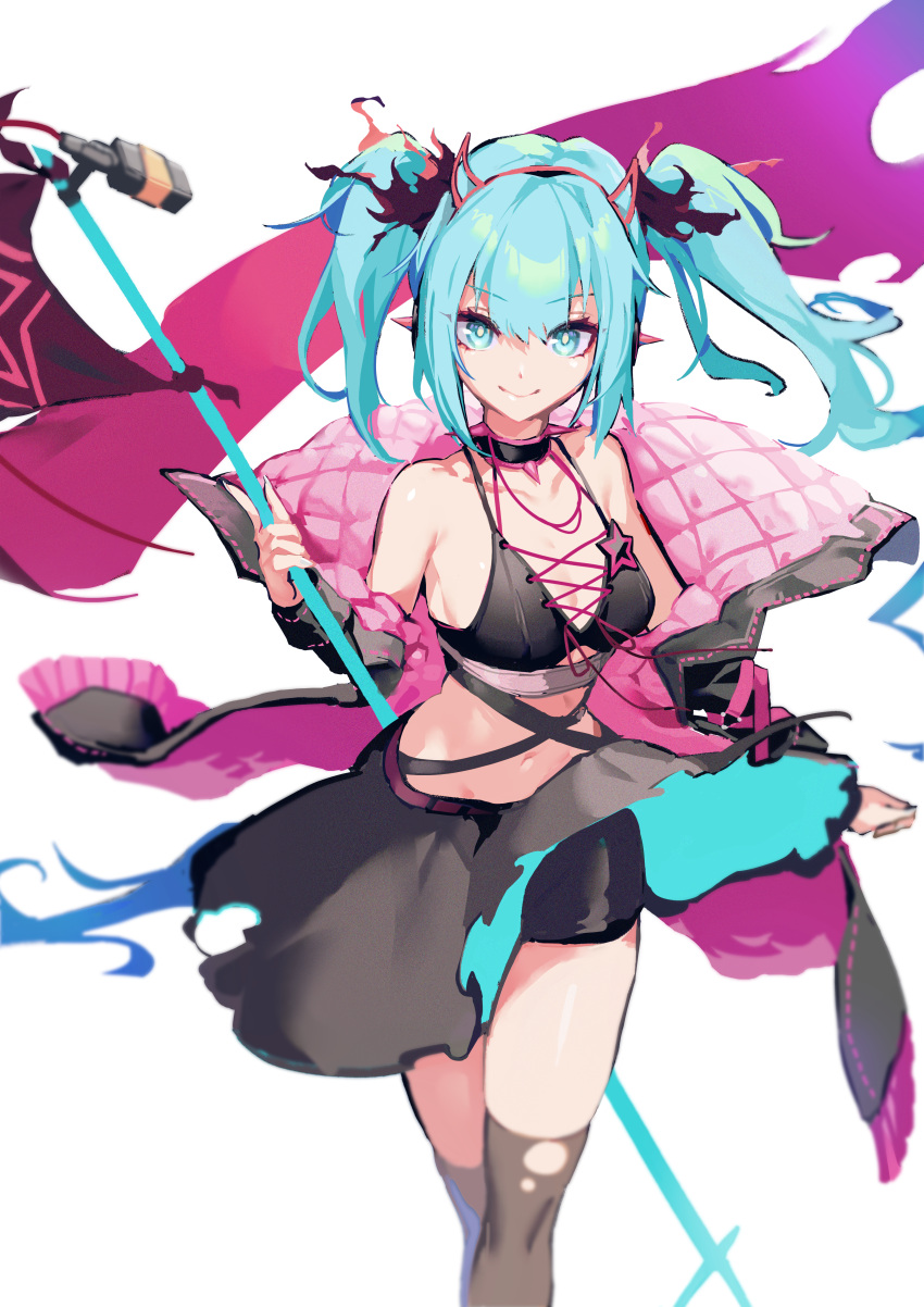 1girl, absurdres, aqua_eyes, aqua_hair, bangs, bare_shoulders, biker_clothes, bikini