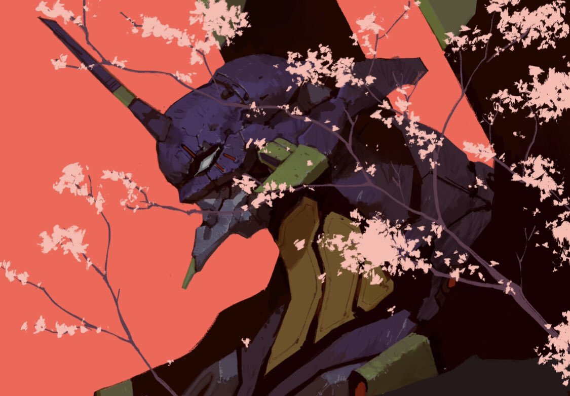 cherry_blossoms, eva_01, from_side, grey_eyes, horns, leonardo_vincent, mecha, neon_genesis_evangelion, no_humans, pink_background, science_fiction, single_horn, solo