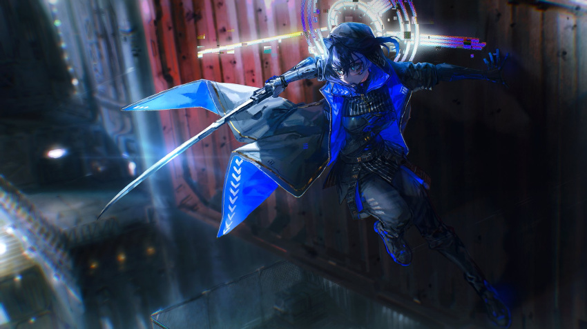 1girl, alternate_costume, blue_hair, breasts, cyberpunk, ghostrunner, hair_intakes, halo