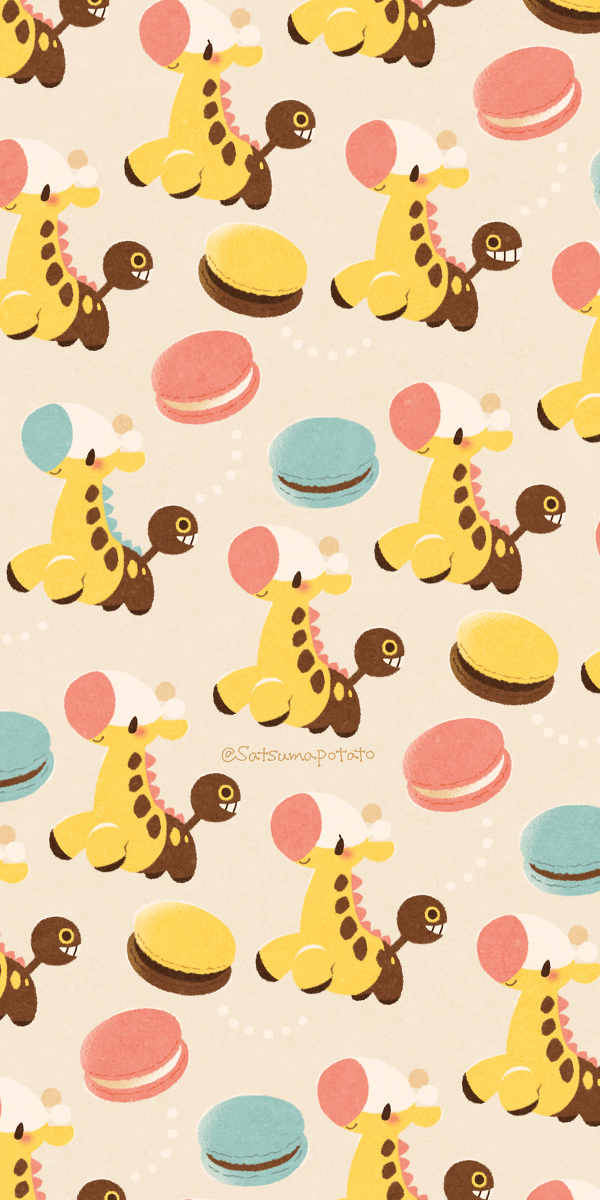 artist_name, girafarig, macaron, pokemon, pokemon_(creature), satsumapotato, simple_background, smile