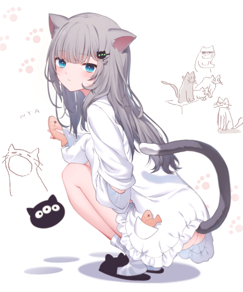 1girl, alithea_jane, animal_ears, animal_slippers, ass, bangs, black_footwear, blue_eyes, blush, cat_ears, cat_girl, cat_tail, closed_mouth, commentary_request, dress, eyebrows_visible_through_hair, food, frilled_dress, frills, full_body, grey_hair, hair_ornament, hairclip, highres, holding, holding_food, indie_virtual_youtuber, long_hair, looking_at_viewer, looking_back, nacho_(amashiro_natsuki), no_panties, paw_print, paw_print_background, slippers, socks, solo, squatting, striped, striped_legwear, sunglasses, tail, taiyaki, wagashi, white_background, white_dress