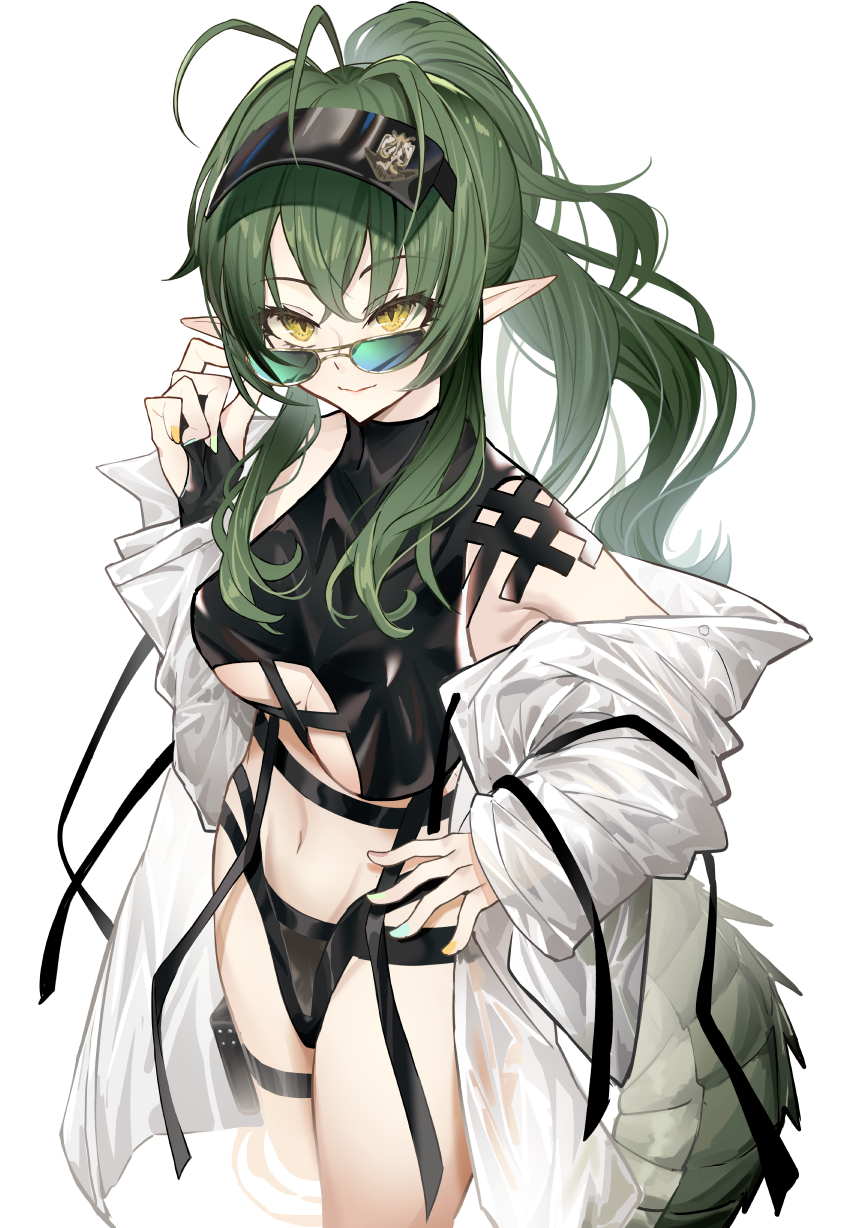 1girl, adjusting_eyewear, antenna_hair, arknights, black_swimsuit, breasts, cowboy_shot, crocodilian_tail, eyebrows_visible_through_hair, gavial_(arknights), green_hair, hair_between_eyes, hand_on_eyewear, hand_on_hip, highres, jacket, long_hair, looking_at_viewer, medium_breasts, navel, nishitaka, official_alternate_costume, official_art, open_clothes, open_jacket, pointy_ears, ponytail, sidelocks, simple_background, smile, solo, sunglasses, swimsuit, tail, under_boob, visor, wading, white_background, white_jacket, yellow_eyes