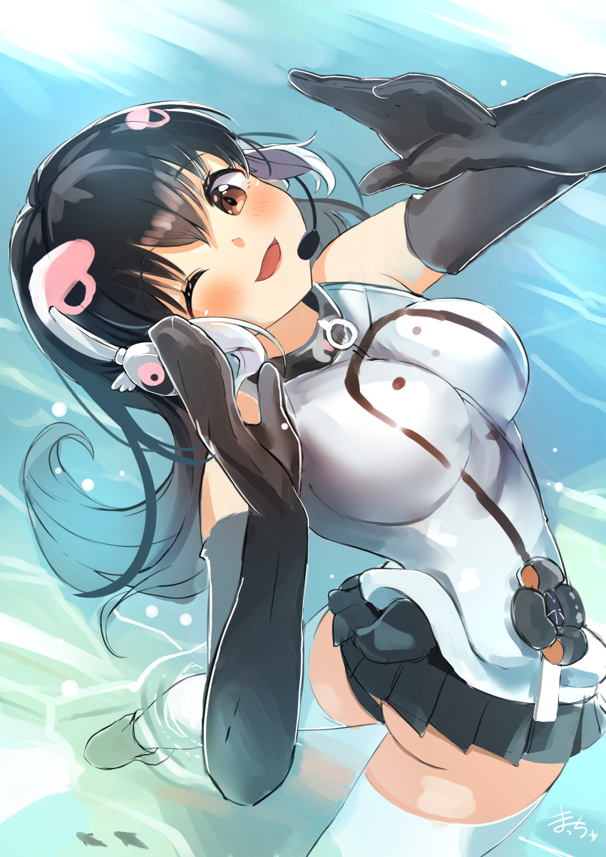 1girl, absurdres, african_penguin_(kemono_friends), arched_back, ass, bangs, bare_shoulders, black_gloves, black_hair, blush, breasts, brown_eyes, dragon_star2, elbow_gloves, eyebrows_visible_through_hair, fisheye, from_above, gloves, hair_ornament, hands_up, headset, highres, impossible_clothes, impossible_jacket, jacket, kemono_friends, kemono_friends_v_project, large_breasts, leaning_back, legs_apart, long_hair, looking_at_viewer, microskirt, one_eye_closed, open_mouth, panties, penguin_tail, sketch, skirt, sleeveless, sleeveless_jacket, smile, solo, standing, tail, thigh-highs, twisted_torso, underwear, virtual_youtuber, wading, water, white_legwear, zipper, zipper_pull_tab