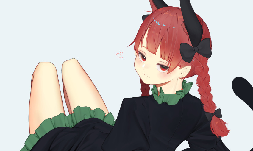 1girl, :3, animal_ear_fluff, animal_ears, blush, bow, braid, cat_ears, cat_tail, dress, extra_ears, green_dress, heart, highres, kaenbyou_rin, kuromori_o, legs, looking_at_viewer, red_eyes, redhead, simple_background, smile, smug, solo, spoken_heart, tail, touhou, twin_braids