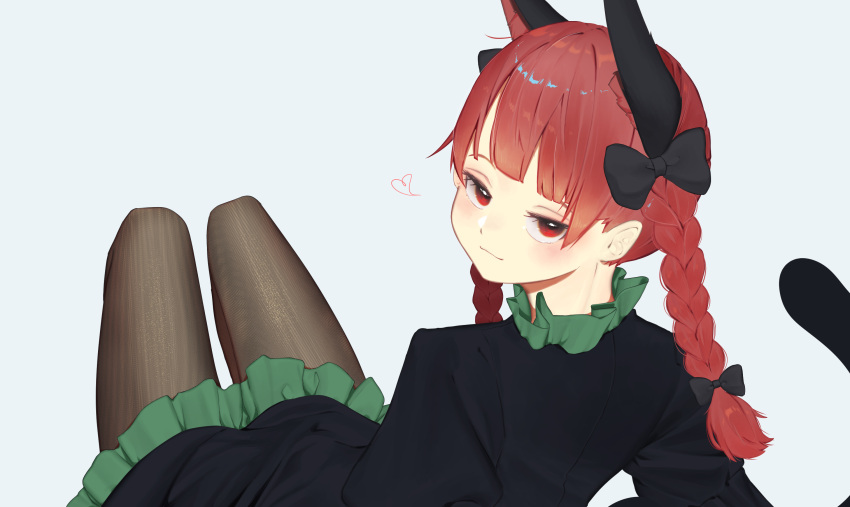 1girl, :3, animal_ear_fluff, animal_ears, black_legwear, blush, bow, braid, cat_ears, cat_tail, dress, extra_ears, green_dress, heart, highres, kaenbyou_rin, kuromori_o, looking_at_viewer, pantyhose, red_eyes, redhead, simple_background, smile, smug, solo, spoken_heart, tail, touhou, twin_braids
