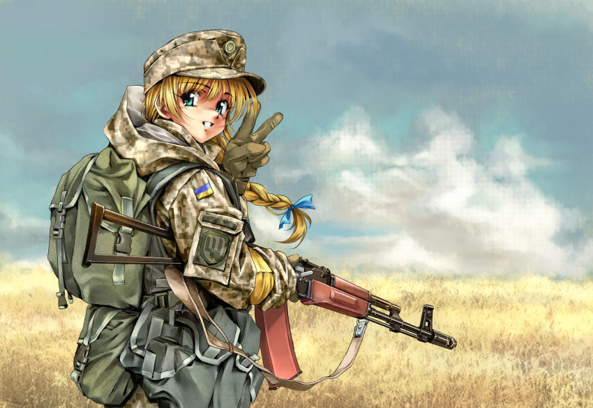 1girl, ak-74, assault_rifle, backpack, bag, blonde_hair, blue_eyes, braid