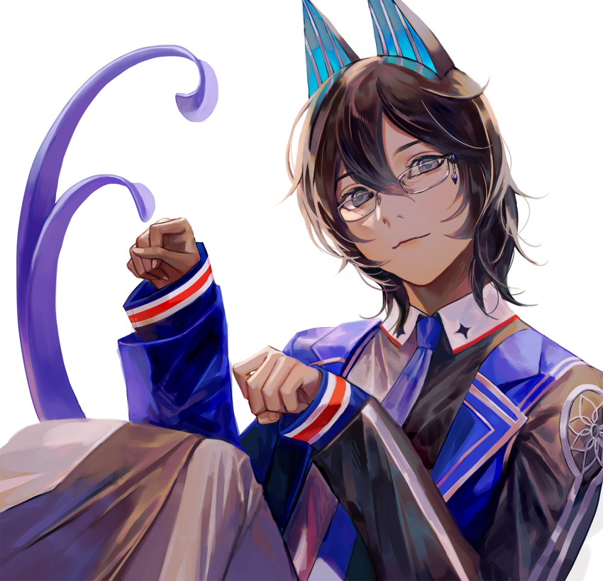 1boy, arjuna_(fate), arjuna_alter_(fate), arjuna_alter_(student_council_president)_(fate), black_eyes, black_hair, blue_horns, blue_jacket