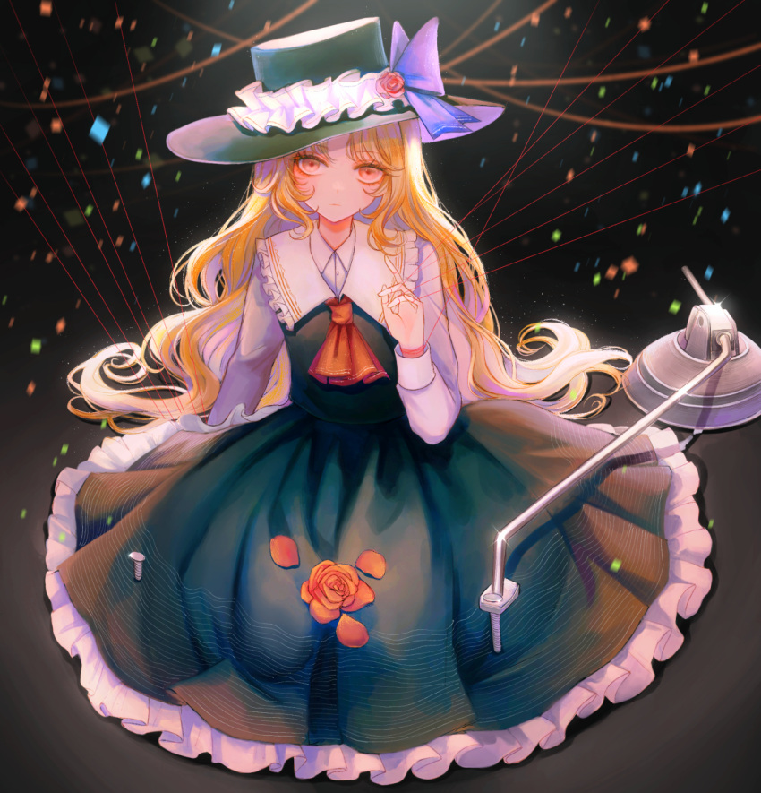 1girl, ascot, bangs, black_dress, blonde_hair, blush, closed_mouth, dark_background