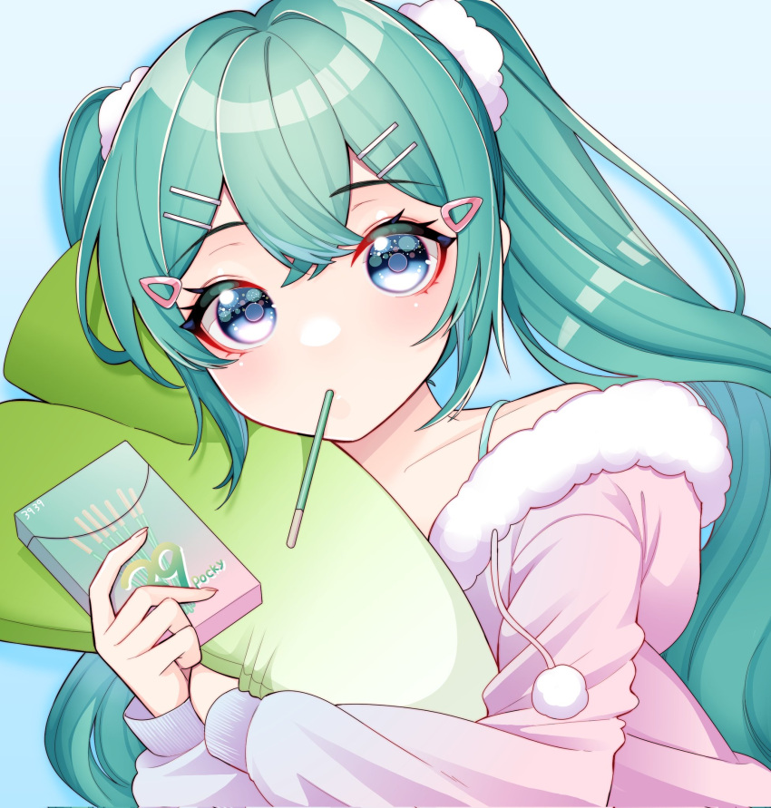 1girl, 39, alternate_costume, aqua_eyes, aqua_hair, bangs, bare_shoulders, blue_background