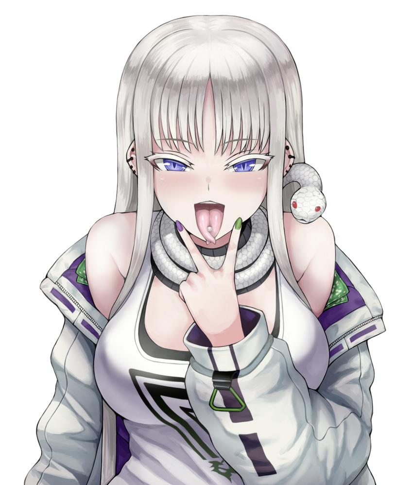 1girl, :p, albino, bangs, bare_shoulders, breasts, cheona_(last_origin), earrings, eyebrows_visible_through_hair, forked_tongue, green_nails, highres, jacket, jewelry, last_origin, long_hair, looking_at_viewer, medium_breasts, multicolored_nails, piercing, poorgom, purple_nails, silver_hair, simple_background, slit_pupils, snake, tank_top, tongue, tongue_out, tongue_piercing, v, violet_eyes, white_background, white_snake